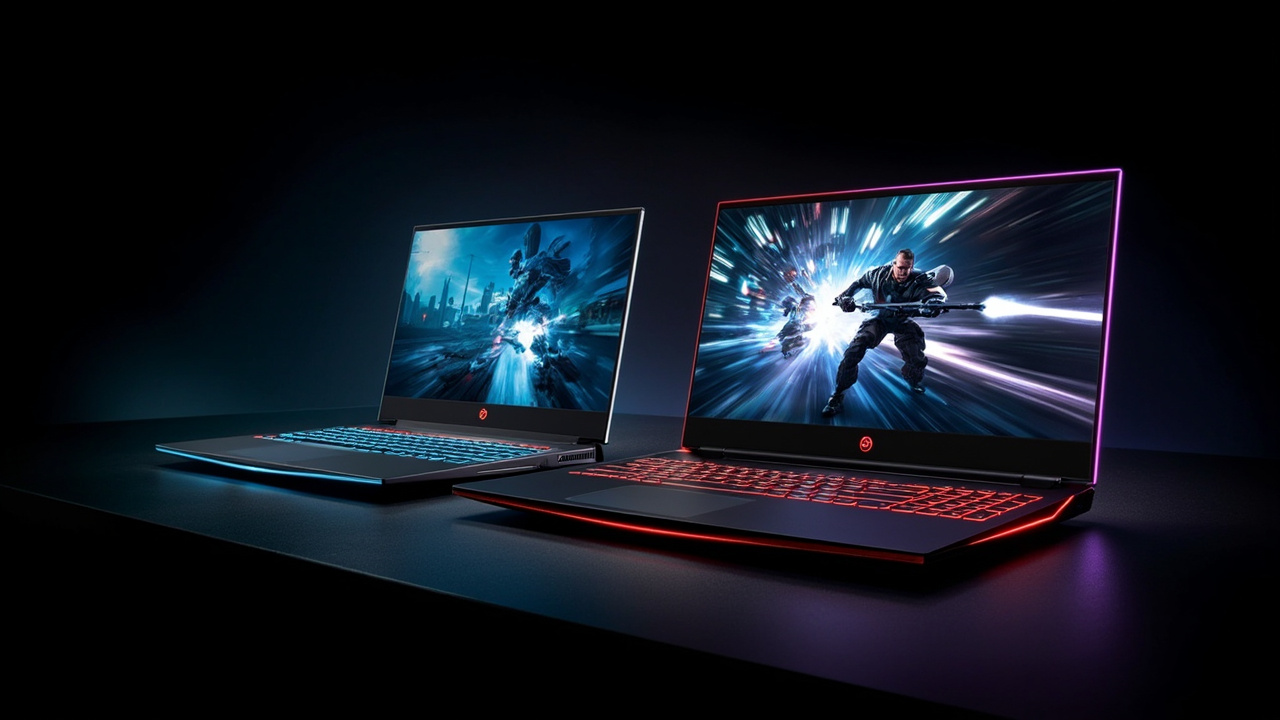 Two 18-inch gaming laptops side by side on a desk, one with a CNC aluminum unibody and the other with a gamer-flavored plastic base, both displaying a fast-paced game scene