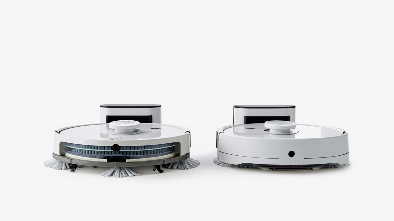 Close-up of both robot vacuums showing build and dock design