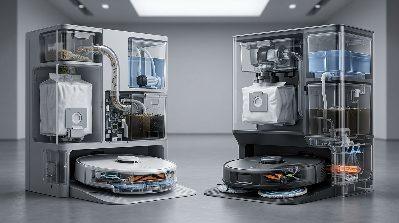 Feature comparison: S8 MaxV Ultra and X50 Ultra both docked, with their internal mechanisms visible: dock auto-empty ports, water tanks, and mop wash systems side by side