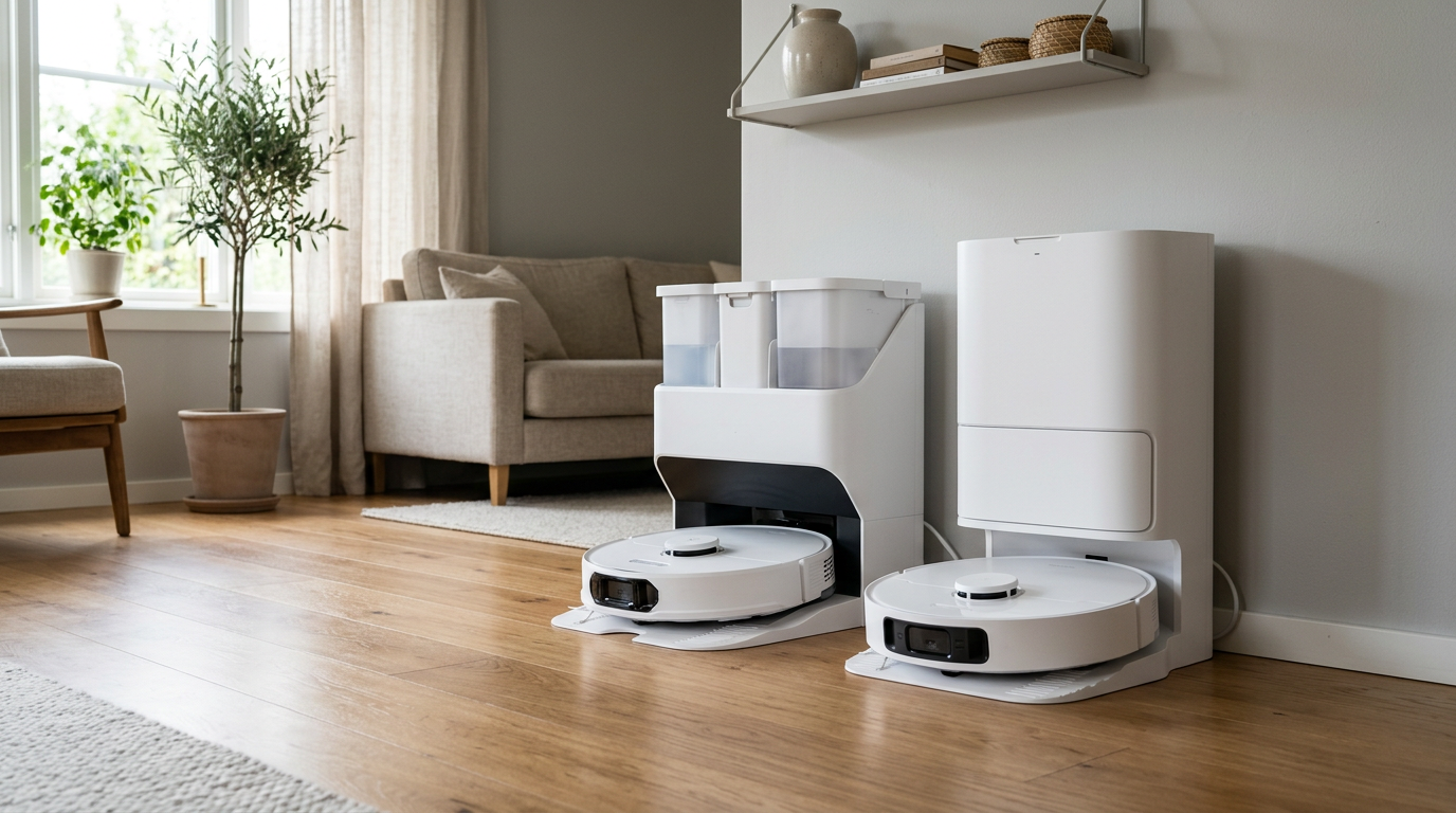 Roborock S8 MaxV Ultra and Dreame X50 Ultra side by side on a modern living room floor, both docked at their respective stations