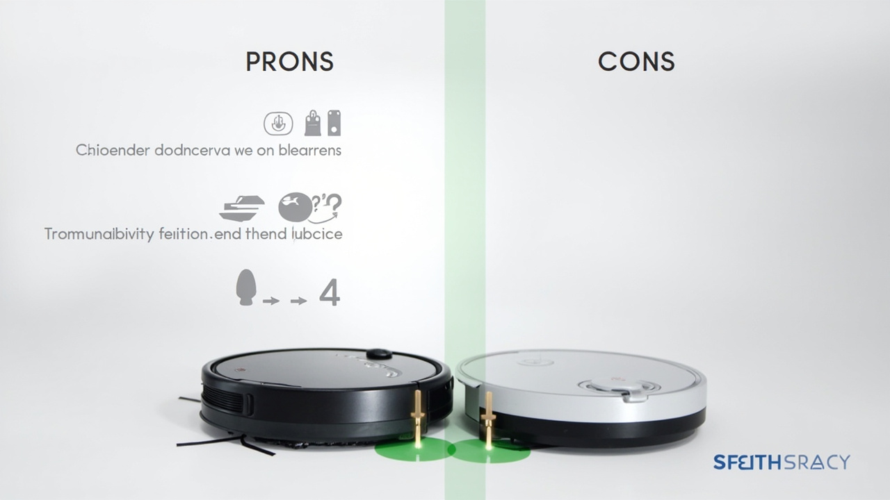 Pros and cons comparison: split screen showing both robot vacuums with their key strengths and weaknesses labeled