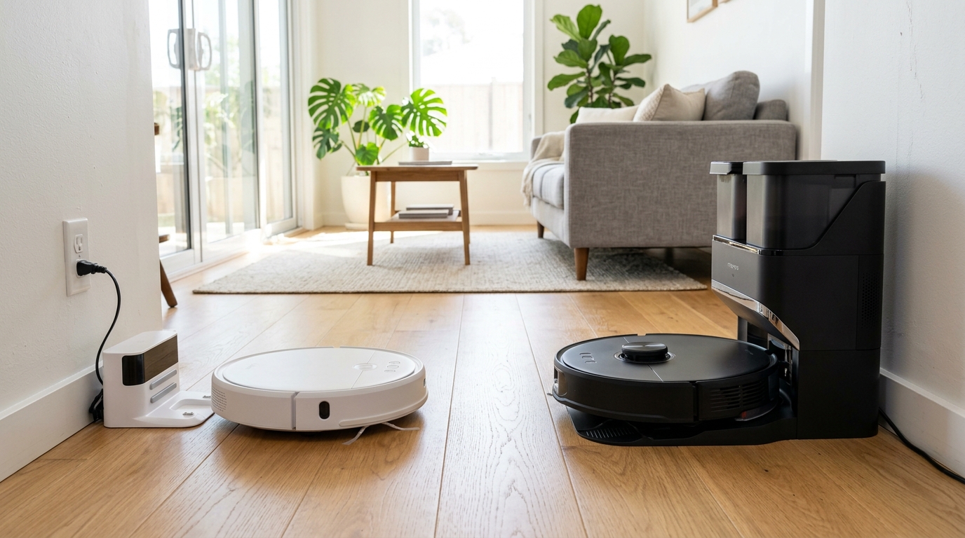 Roborock Saros 10R vs Dreame X50 Ultra side by side in a modern living room