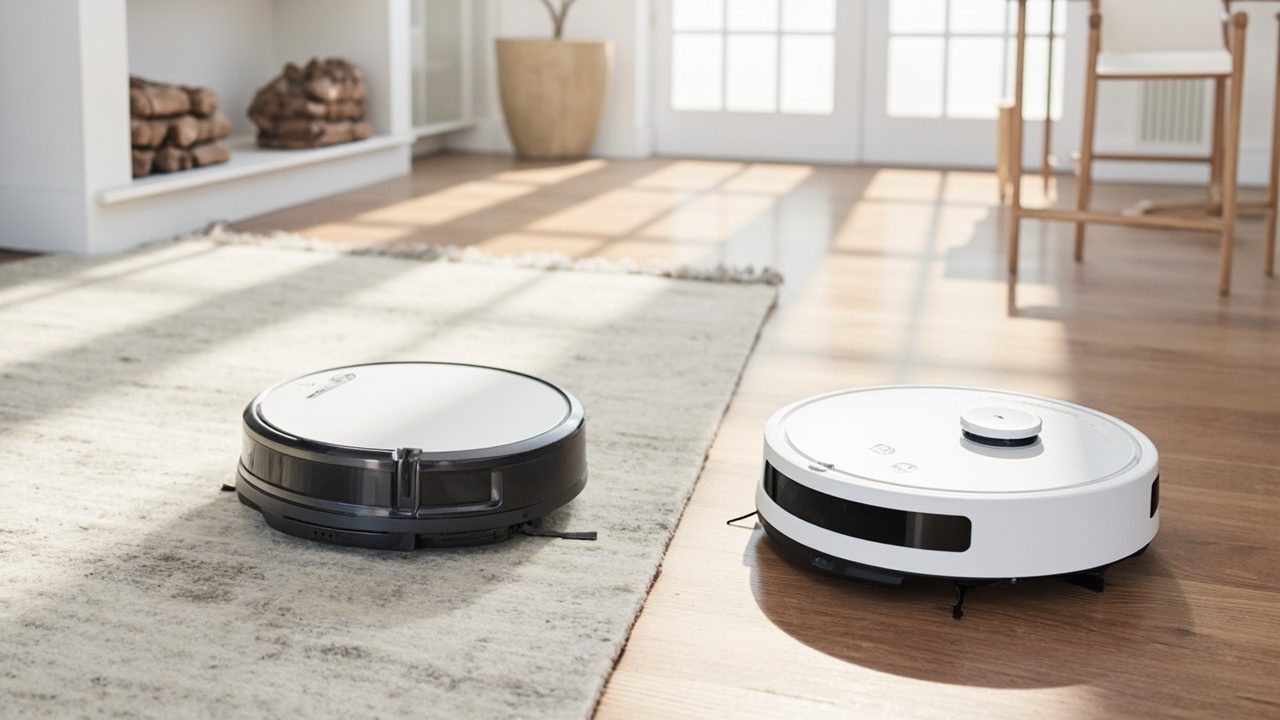 Roborock Saros 10R and Ecovacs DEEBOT X11 OmniCyclone side by side in a modern living room with mixed flooring