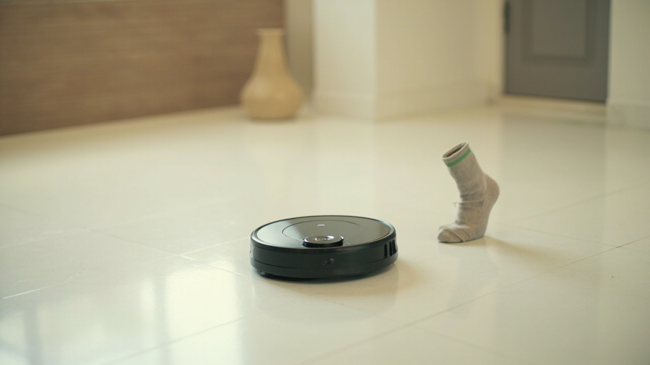 Robot vacuum at decision crossroads on a clean floor with sock beside it, decision-tree lifestyle aesthetic