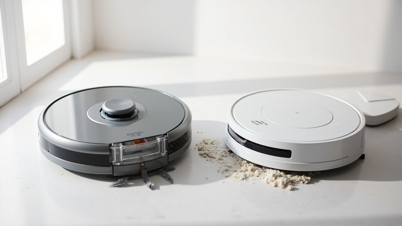 Two premium robot vacuum docks side by side: hot-water mop washing vs auto-empty and drying system comparison