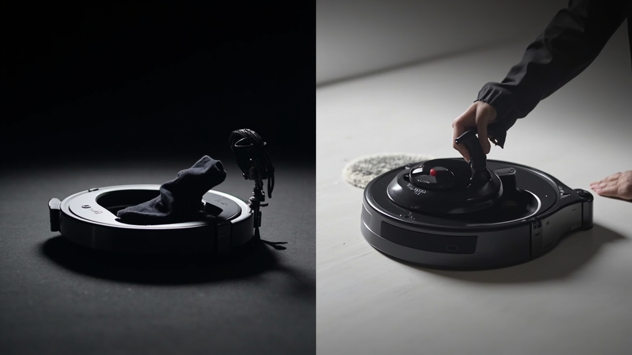 Split-screen editorial comparison of Roborock Z70 mechanical arm picking up sock vs Dreame X40 Ultra dual rotating mop pads