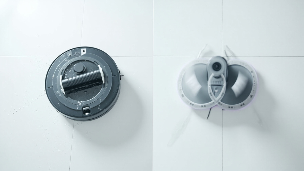 Split-screen showing Eufy HydroJet roller mop action on the left and Roborock dual spinning mops on the right