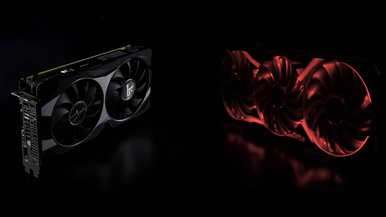 Split-screen comparison: left half shows a clean 1440p gaming setup with a triple-fan GPU under RGB lighting, right half shows a creator workstation with dual monitors running 3D rendering software — the two use cases the 5070 Ti and 9070 XT are tuned for
