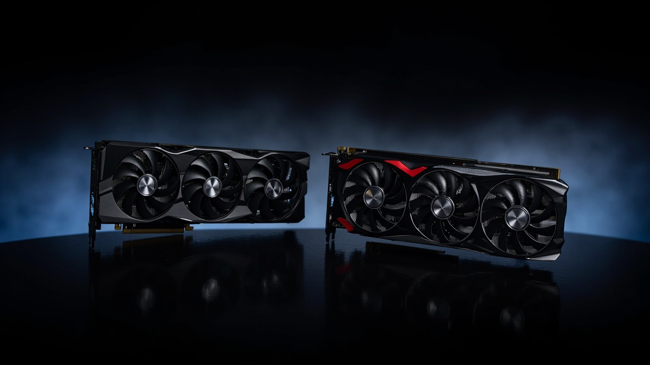 NVIDIA GeForce RTX 5070 Ti Founders Edition (left) and AMD Radeon RX 9070 XT reference card (right), three-quarter front view on a dark reflective surface, contrasting angular industrial design — dual axial-fan Founders shroud vs triple-fan RDNA 4 reference cooler