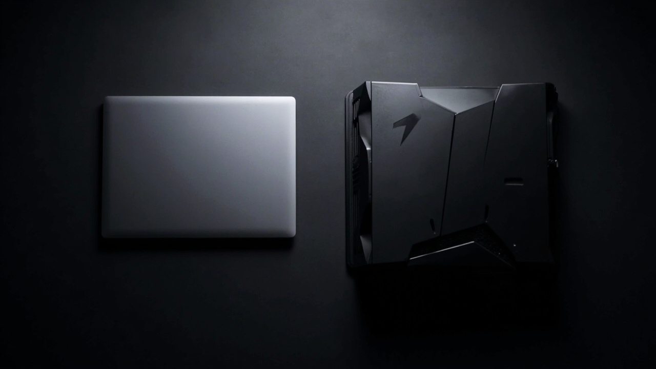 Two gaming laptops on a desk, one slim 16-inch RTX 5080 model and one thick 18-inch RTX 5090 model with cooling vents visible, showing the size and weight difference