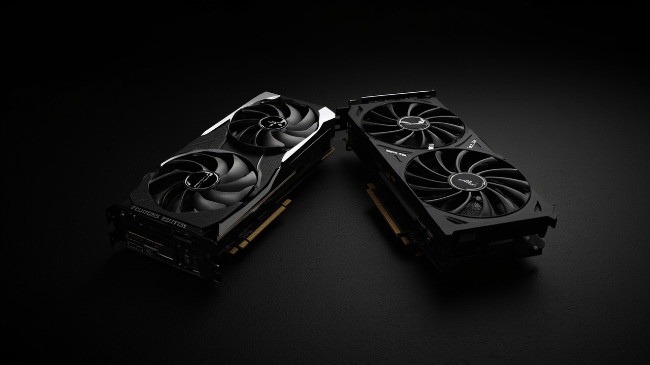 NVIDIA RTX 5080 Founders Edition (left) and AMD Radeon RX 9070 XT reference card (right) on a dark matte surface, soft top-down studio lighting, contrasting industrial design — sleek dual-fan flow-through cooler on the 5080, triple-fan open-air shroud on the 9070 XT