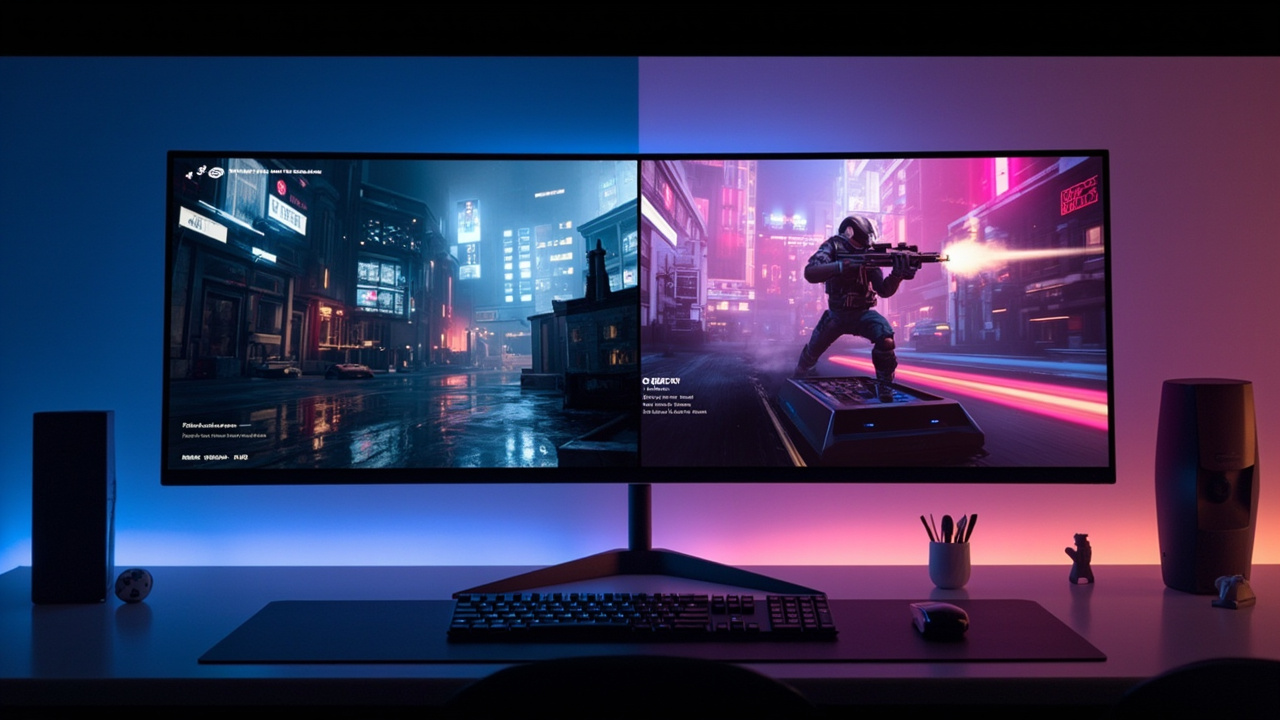 Split-screen visual: left half shows a 4K monitor with a path-traced game running smoothly, right half shows a 1440p monitor with a non-RT AAA title at high refresh — the two sweet spots each card is built for