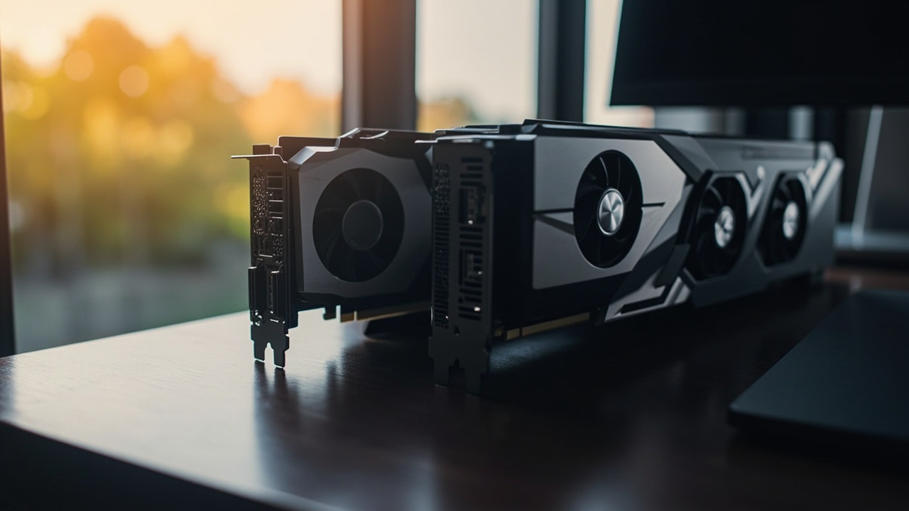 RTX 5090 (left) and RTX 4090 (right) Founders Edition cards angled on a desk, showing the size and design differences between the two generations