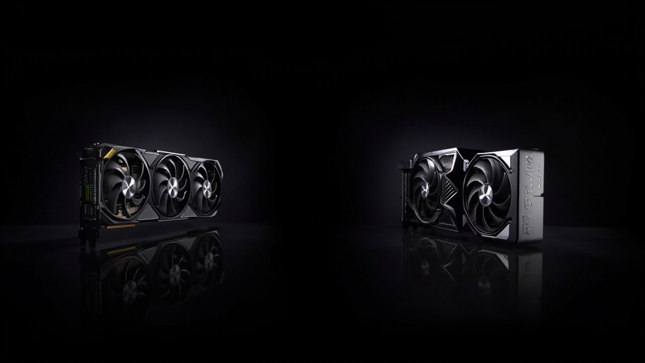 Two NVIDIA Blackwell GPUs side by side on a dark surface, the GeForce RTX 5090 Founders Edition on the left with its angular three-fan shroud and the RTX PRO 6000 blower-style workstation card on the right with a low-profile 2-slot design