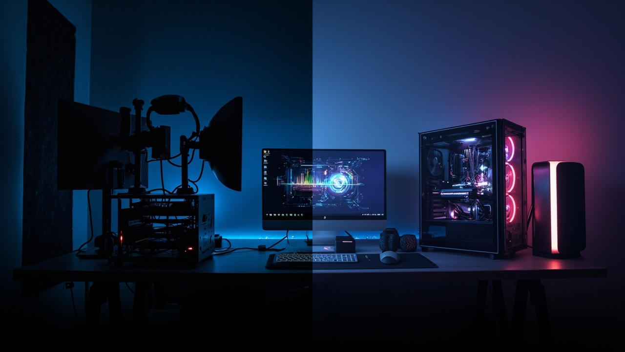 Split-screen comparison: left half shows a high-end AI workstation with multiple stacked displays and a workstation case, right half shows a clean mid-tower gaming PC — the two different worlds the 5090 and 9070 XT are built for