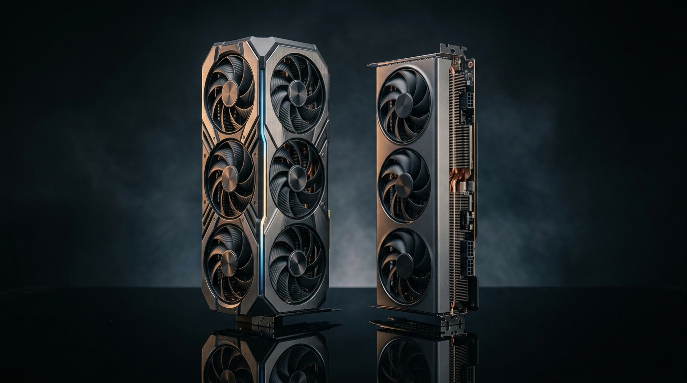 NVIDIA RTX 5090 Founders Edition (left) and AMD Radeon RX 9070 XT reference card (right), three-quarter view on a dark surface, contrasting industrial design — dual flow-through cooler on the 5090, triple-fan shroud on the 9070 XT