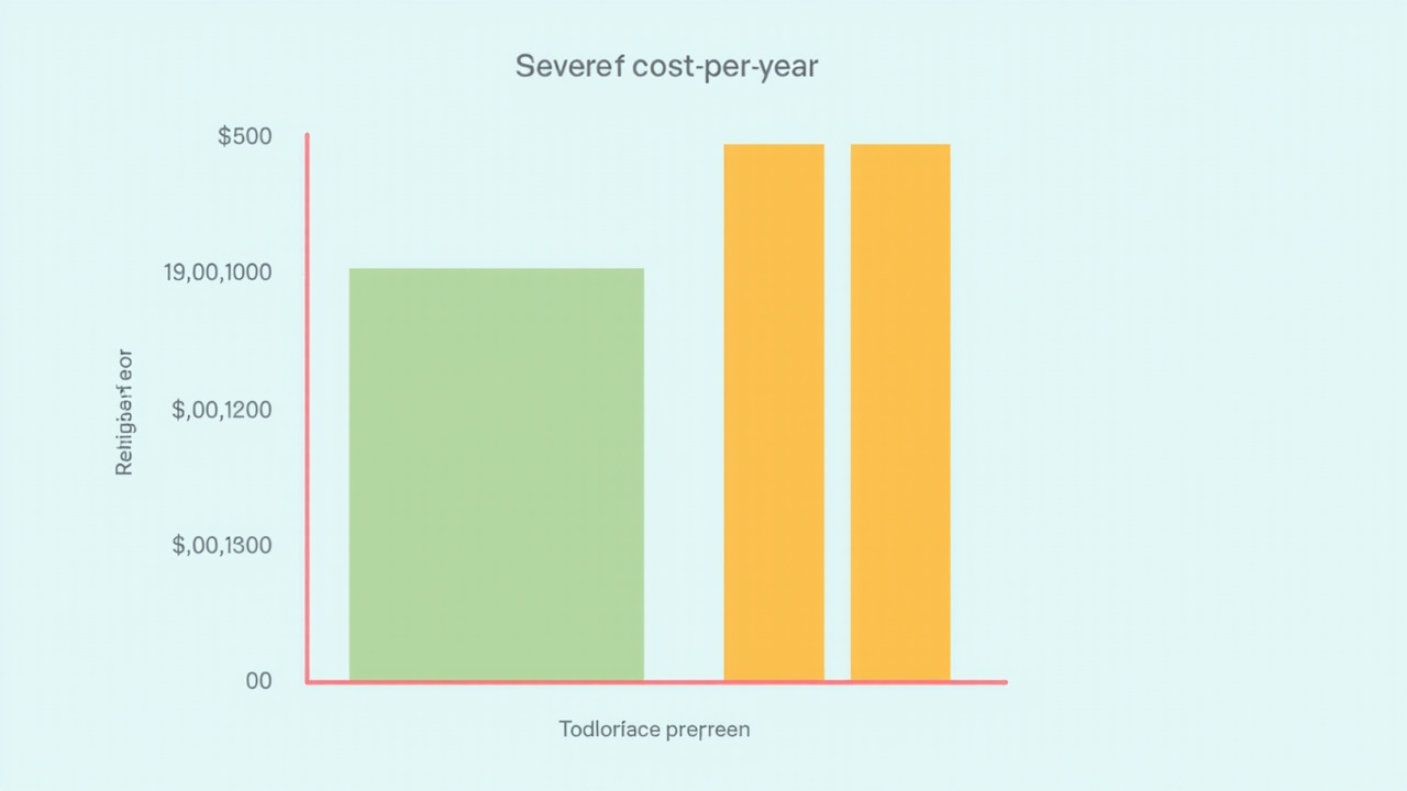Refrigerator cost-per-year chart concept, energy use and repair frequency visualized with simple bar graphics