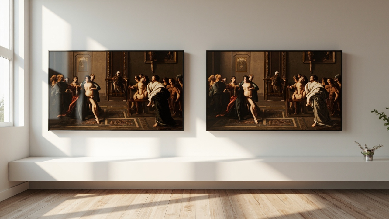 Front view of the Samsung Frame Pro 2026 and Hisense CanvasTV 2026 displaying the same painting in art mode