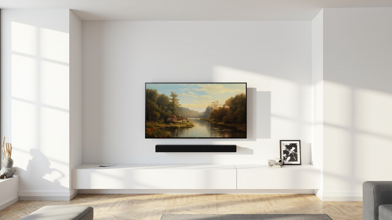 Living room setup with the chosen art TV mounted flush on a gallery wall, with a soundbar and a single piece of art beside it for scale