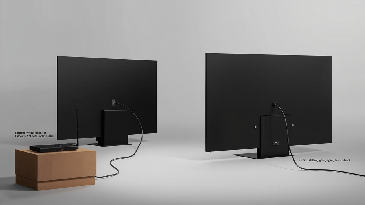 Two framed TVs viewed from behind showing the cable situation, the Frame Pro with a wireless One Connect box and the CanvasTV with cables routing directly to the TV