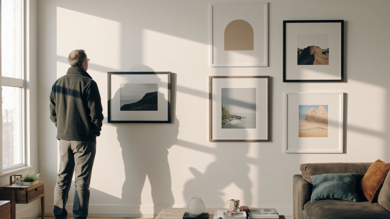 Person choosing between two gallery wall setups, one minimalist with a single Frame Pro and one curated with a CanvasTV and surrounding real art frames