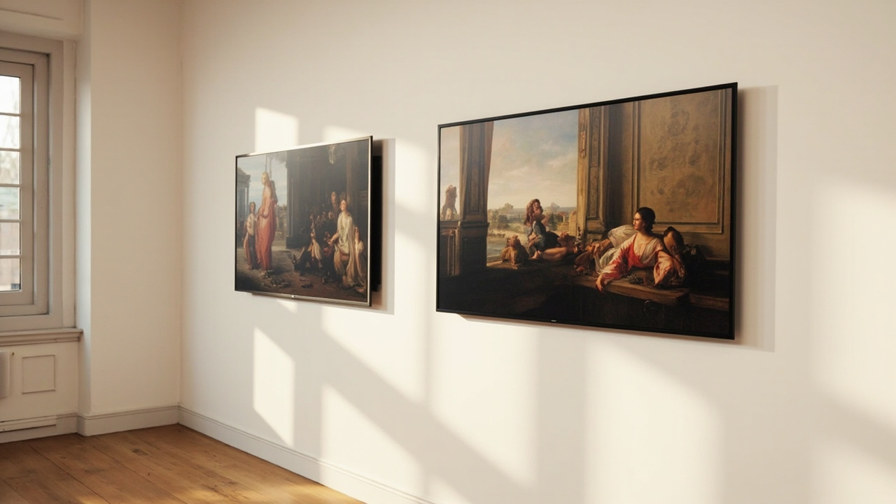 Samsung The Frame Pro 2026 and Hisense CanvasTV 2026 mounted side by side on a gallery wall, framed as artworks