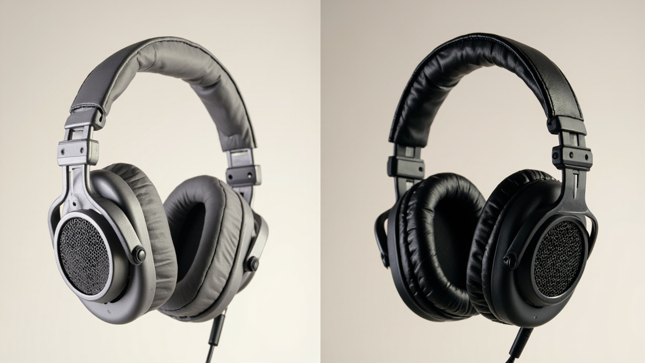 Two flagship open-back audiophile headphones — Sennheiser HD 800 S on the left with its industrial silver finish, Focal Utopia 2022 on the right with its honeycomb grilles and black leather — on a wood desk next to a tube amplifier, photographed in warm late-afternoon light from the front three-quarter angle