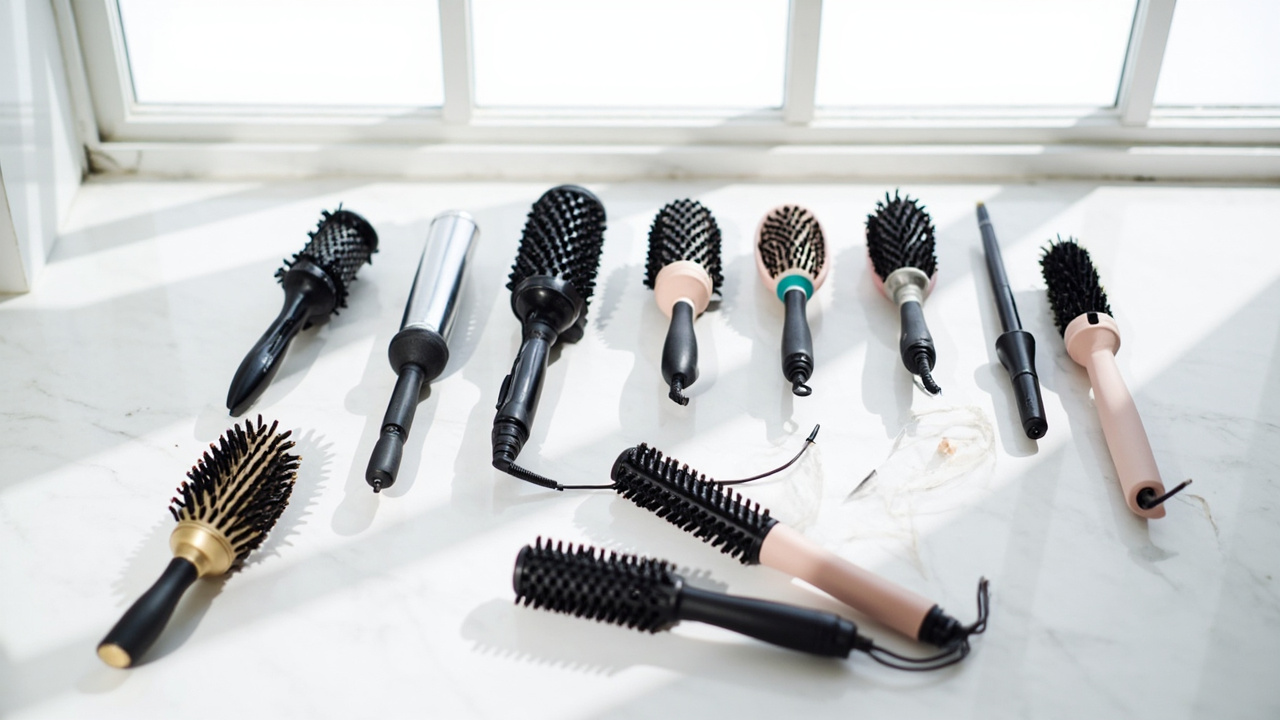 Hair styling tool attachments and curling barrels arranged on white quartz