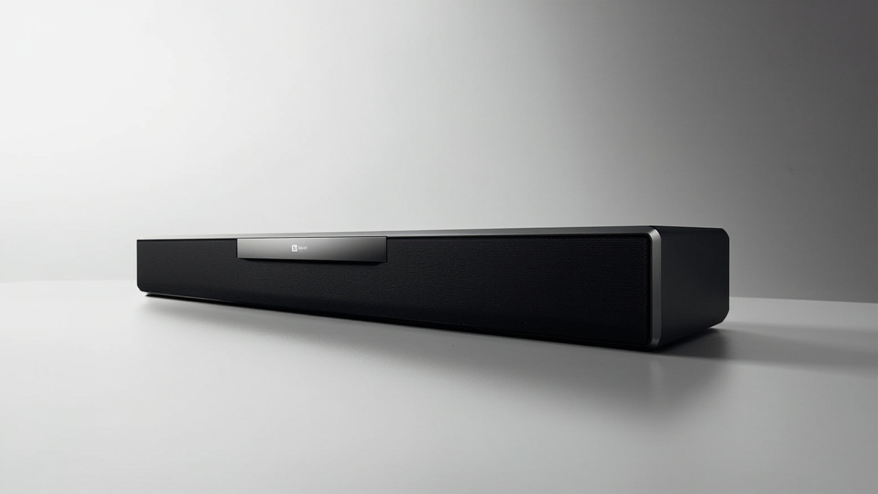 Sonos Arc Ultra and JBL Bar 1300X soundbars side by side on a media console, with the JBL's detachable surrounds removed and placed behind, warm home-theater lighting