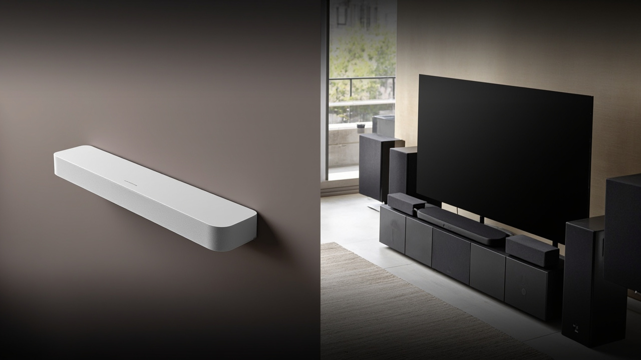 Living room setup showing a soundbar and rear speakers placed for true Atmos