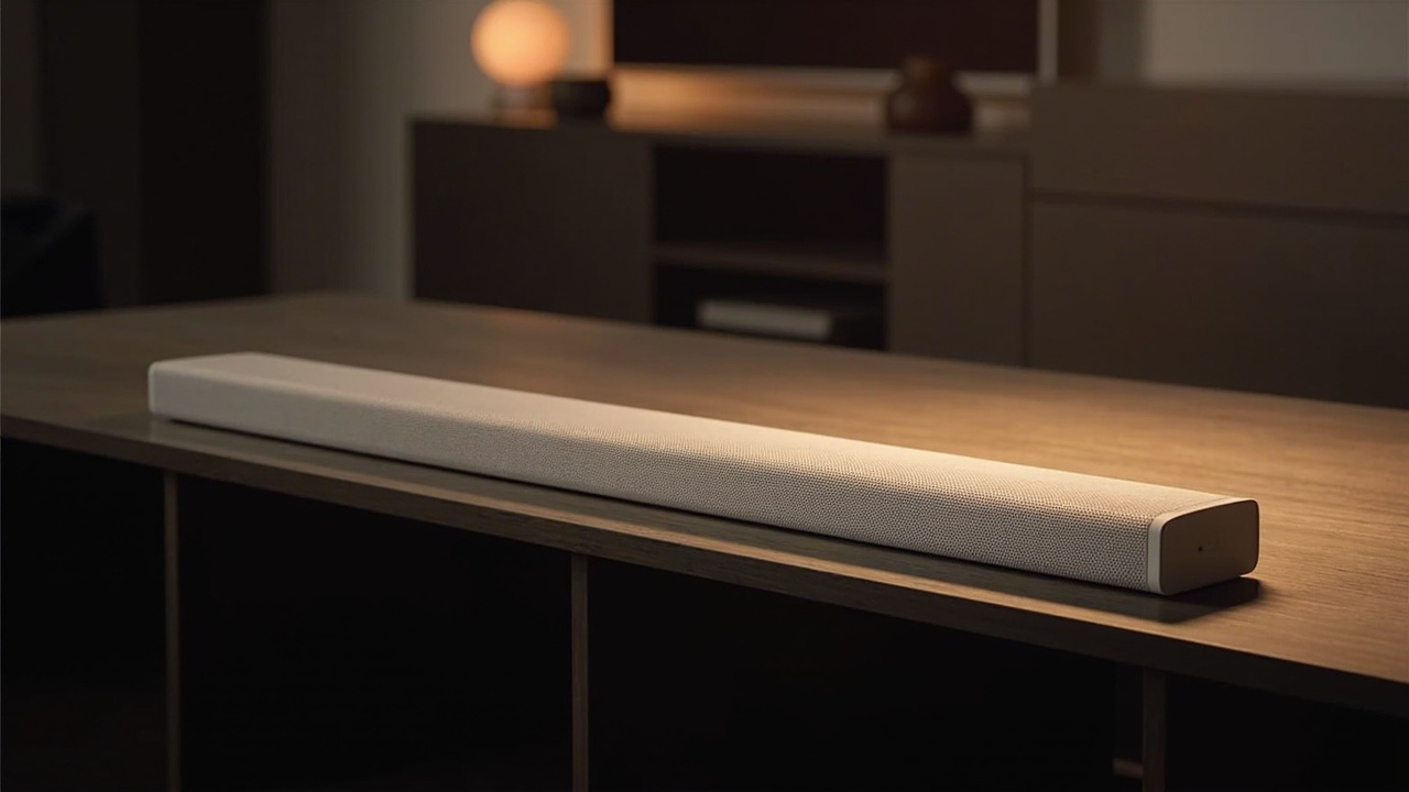 Sonos Arc Ultra single soundbar on a media console, minimalist curved cabinet, modern living room setting