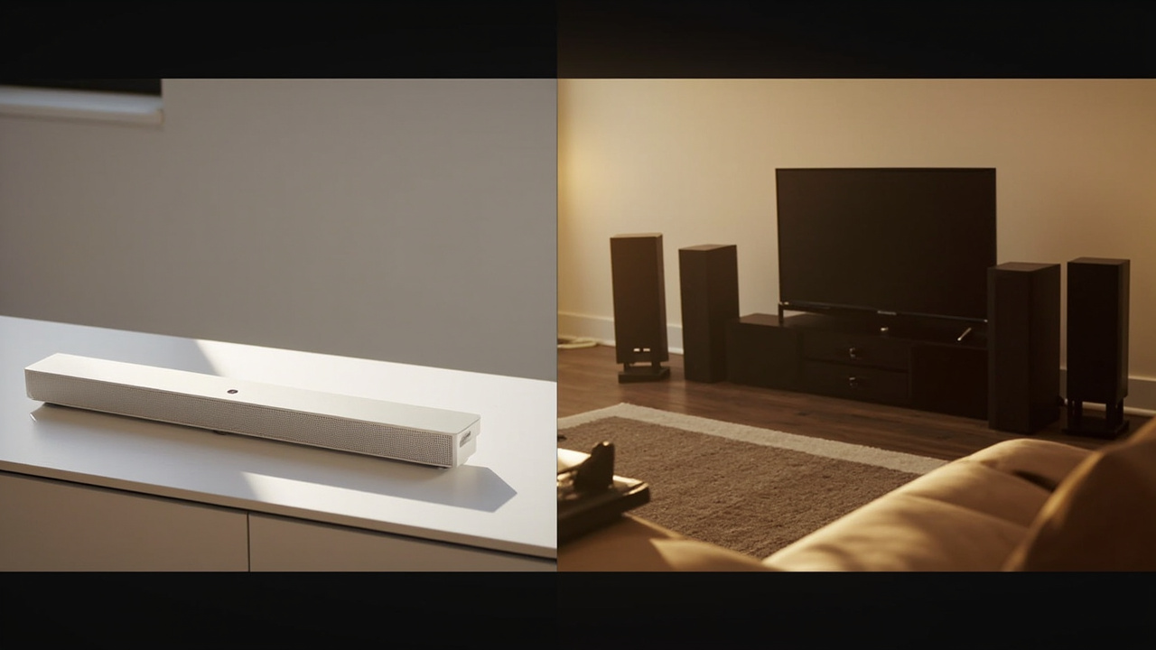 Pros and cons visual: top row shows the four-piece Samsung HW-Q990F system (bar, sub, two rears) and the single Sonos Arc Ultra cabinet side by side; bottom row illustrates the pros (HDMI 2.1, complete system) and cons (larger footprint, more cables) of each approach