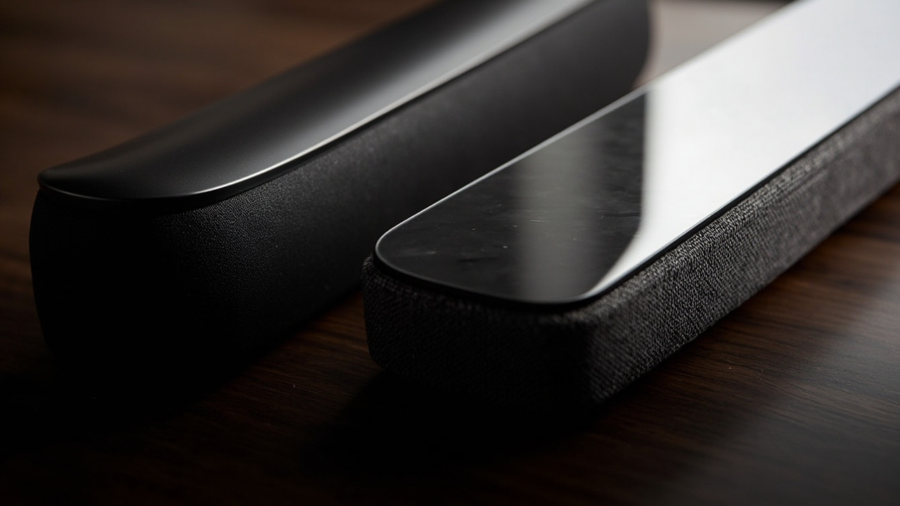 Close-up: Sonos Arc Ultra matte grille vs Sony Bravia Theatre Bar 9 fabric grille and glass top, side by side on a wood console