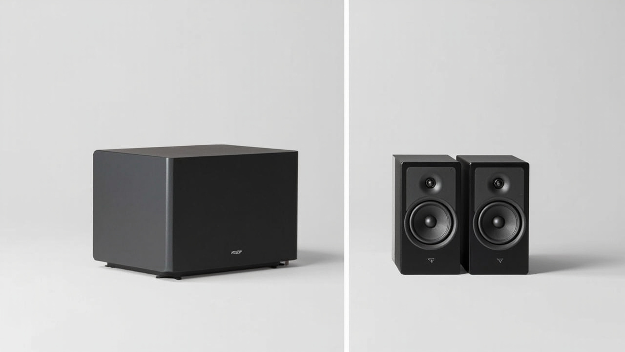 Feature breakdown infographic: split-screen showing Sonos Five on the left (highlighting Sonos ecosystem, analog input, humidity resistance, 11-year firmware support) and KEF LSX II LT on the right (highlighting Uni-Q driver, native stereo imaging, Chromecast/Bluetooth/Roon, multiple finishes), minimalist layout, no text, no logos, no brand names visible
