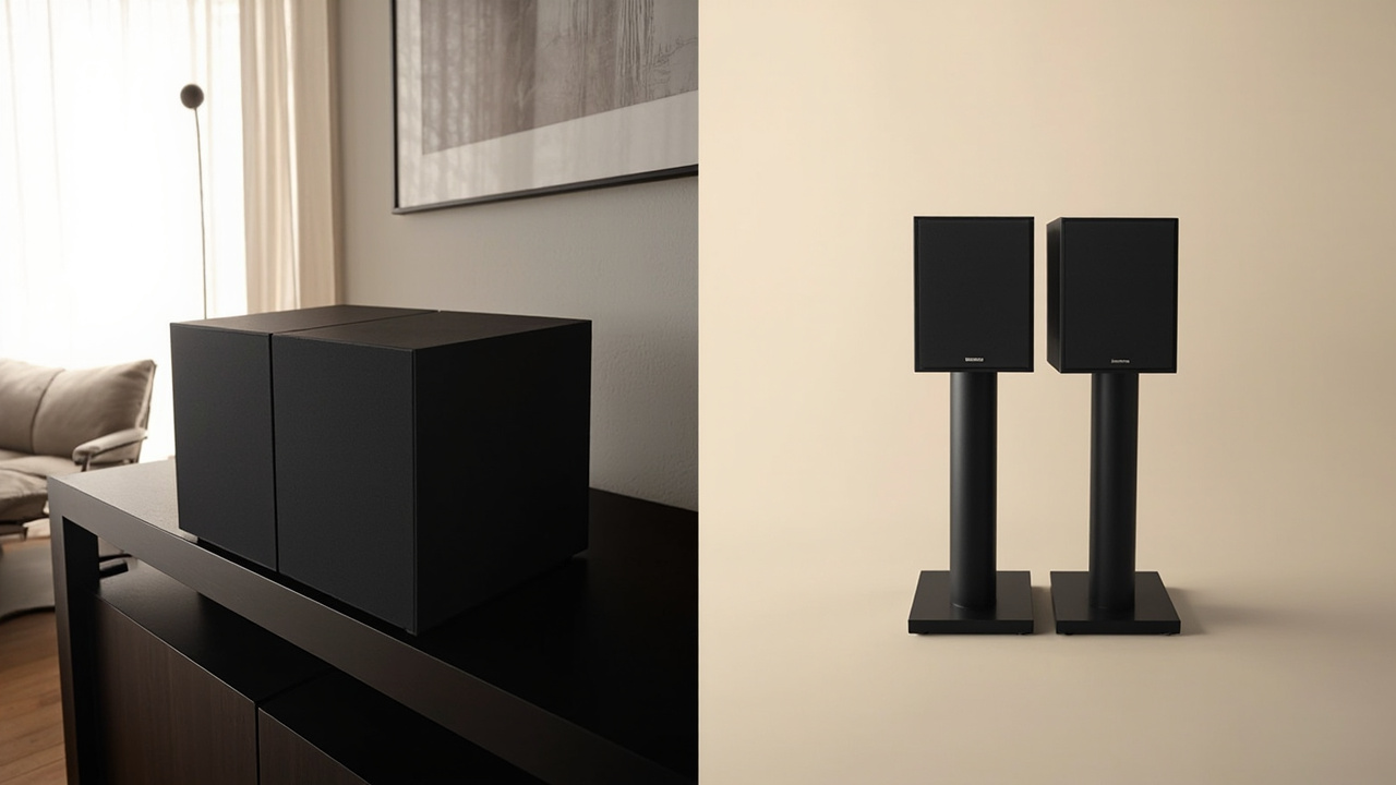 Side-by-side product shot: Sonos Five stereo pair on the left in matte black horizontal orientation on a media console, KEF LSX II LT pair on the right in carbon black with proper L/R separation on speaker stands, soft window light, neutral background, no text, no logos, no brand names visible