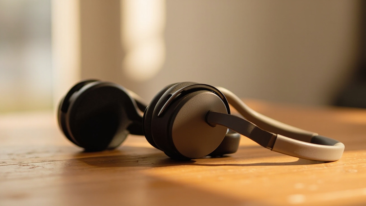 Two premium wireless over-ear headphones side by side on a wooden display, soft daylight window in background