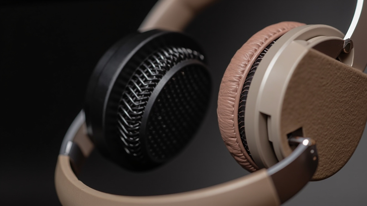 Close-up of ear cup microphone placement on both premium headphones, soft side lighting