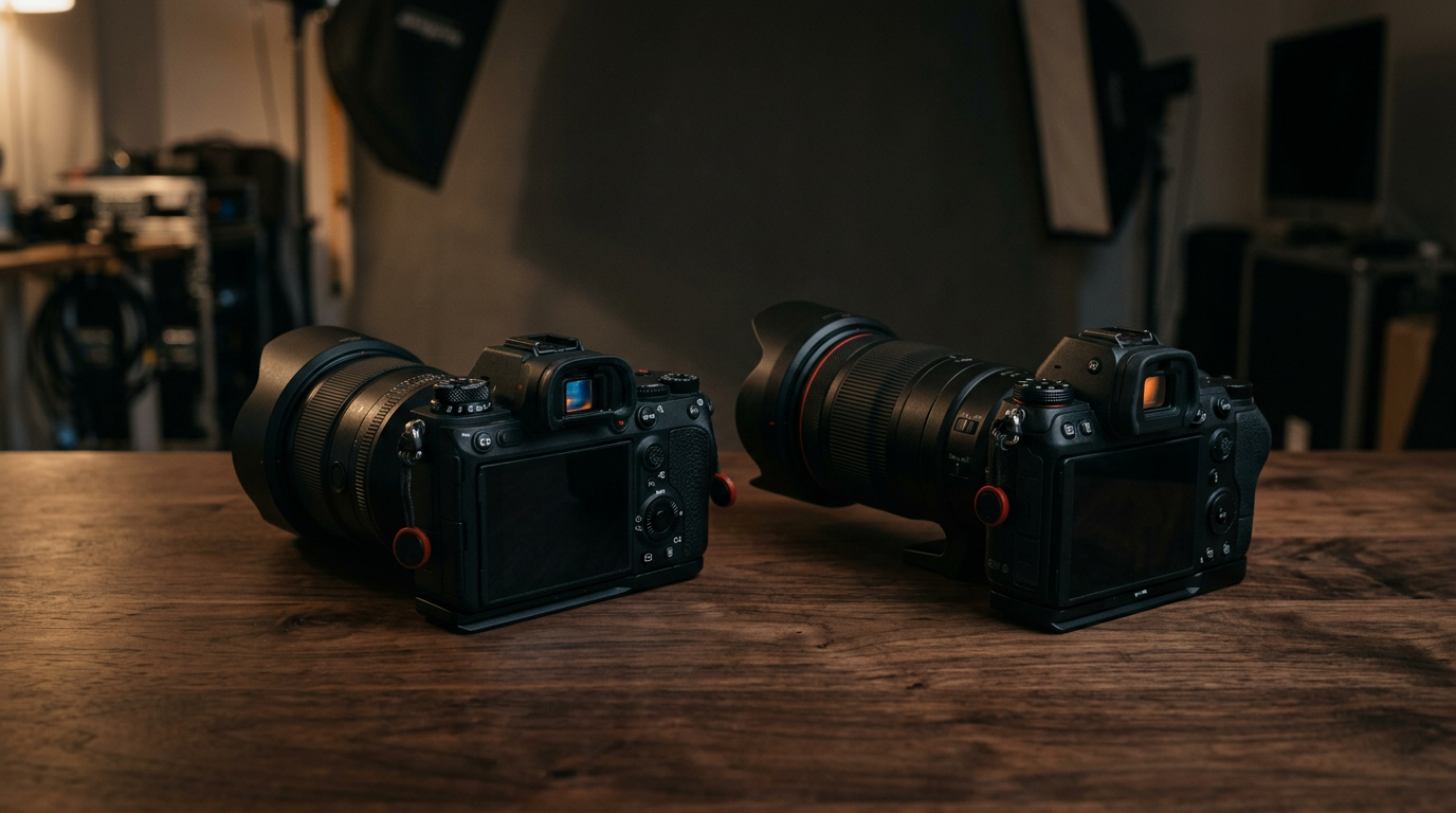 Two flagship full-frame mirrorless bodies — the Sony A1 II and the Canon R5 Mark II — sitting side by side on a wooden desk, lenses mounted, EVFs glowing softly in dim light