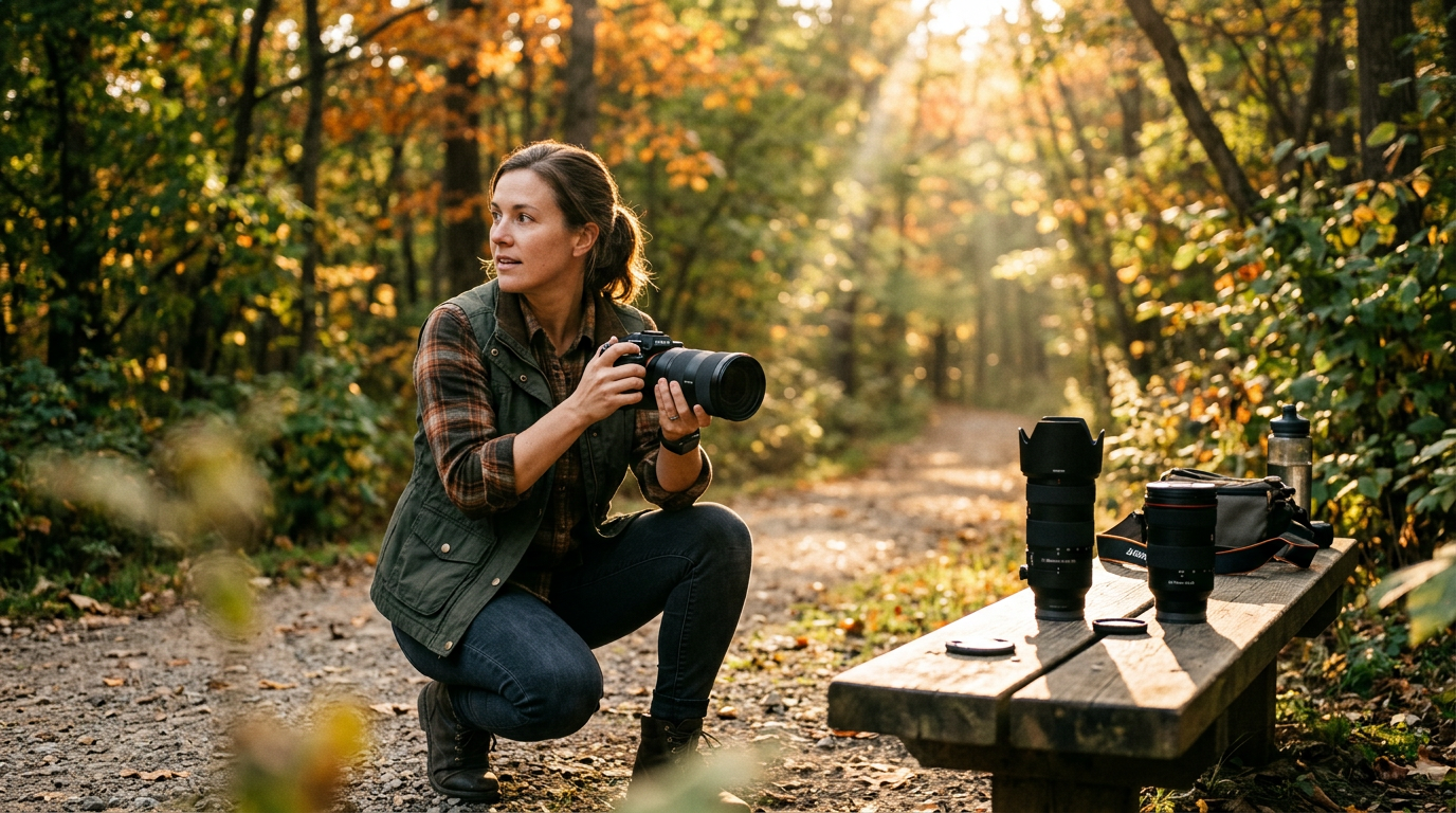 A working photographer holding a flagship mirrorless camera at an outdoor shoot, with a 70-200mm telephoto and 24-70mm zoom laid out on a low wooden bench beside them, golden-hour light filtering through trees in the background