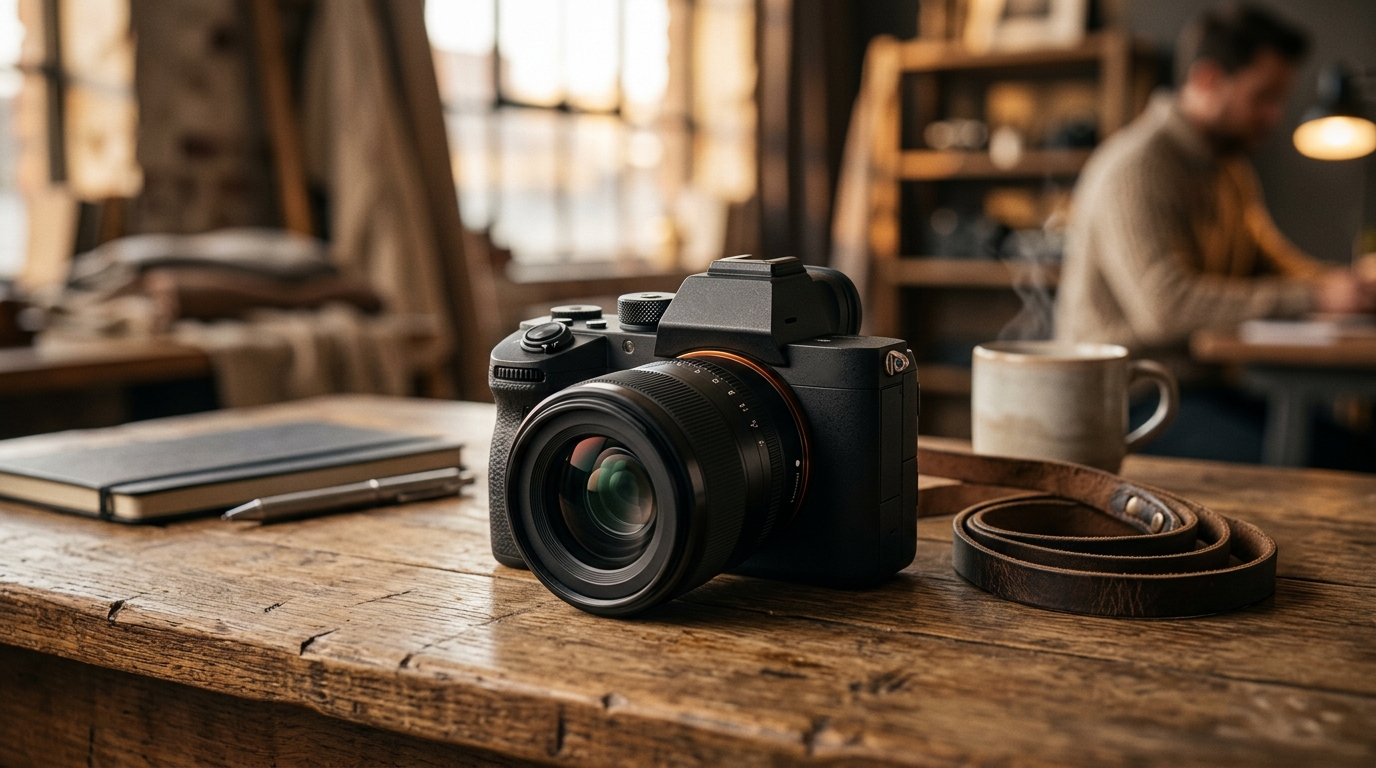 Sony A7 V and Canon EOS R6 Mark III side by side on a wooden photography desk — both with kit lenses detached, EVFs glowing, 33MP and 32.5MP sensors visible, soft daylight studio lighting, shallow depth of field