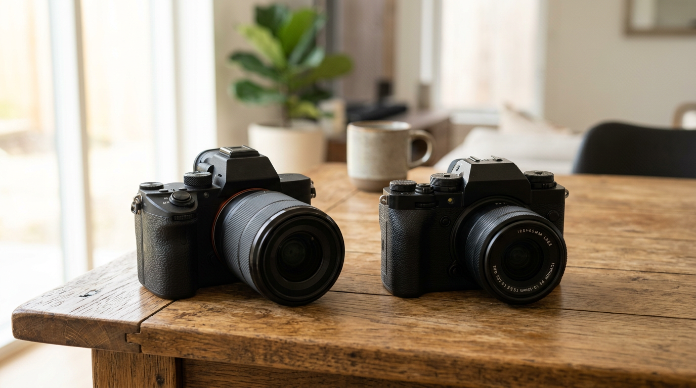 Sony A7CR and Fujifilm X-T5 side by side, both with kit lenses mounted