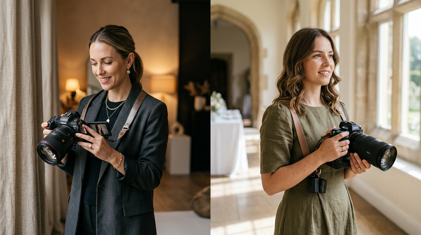 A photographer holding a camera in a sunlit studio, a wedding photographer shooting outdoors, and a landscape photographer on a rocky cliff — three different shooting styles for three different bodies