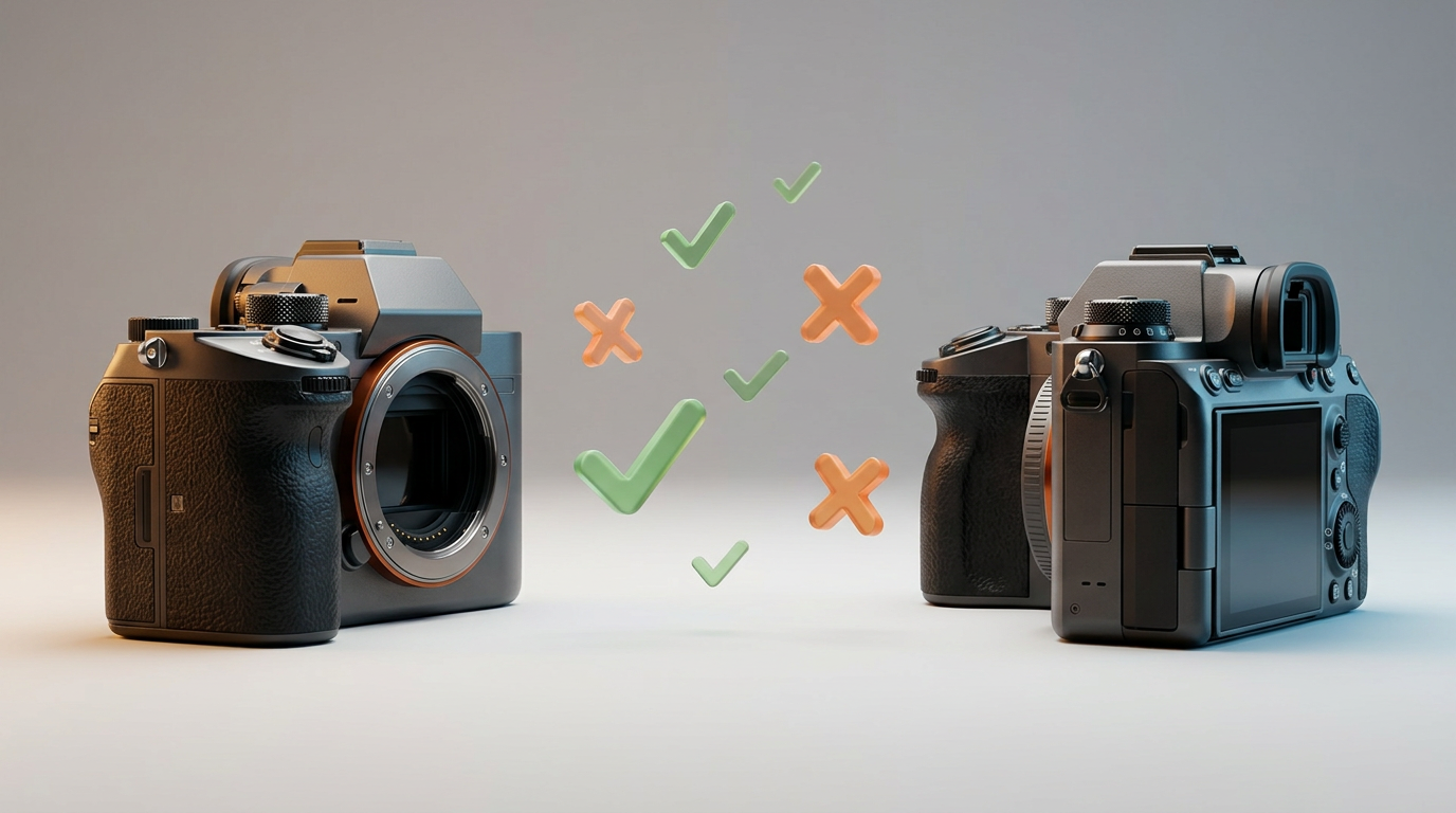Two balance scales side by side — one tipped toward resolution, one tipped toward speed — visualizing the trade-off between stacked-sensor stills cameras