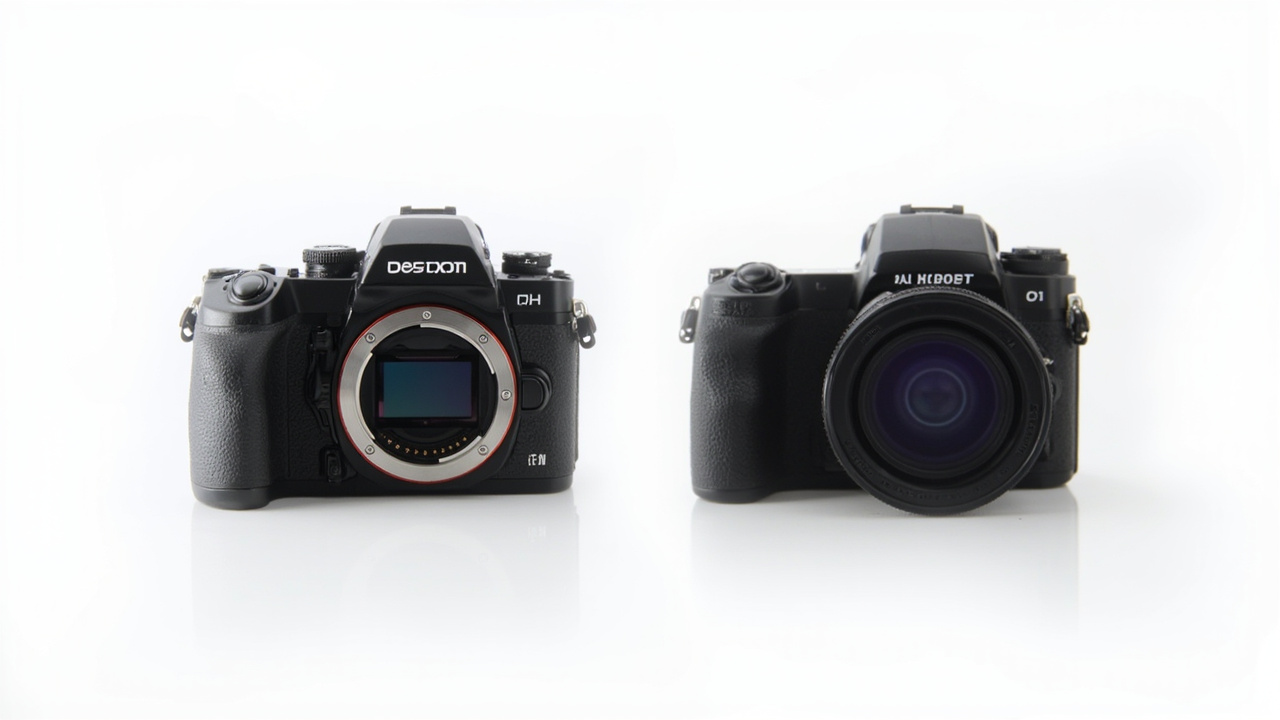 Two stacked-sensor mirrorless cameras — the higher-resolution body on the left, the faster hybrid on the right — split-screen on a clean white background, soft top-down studio lighting