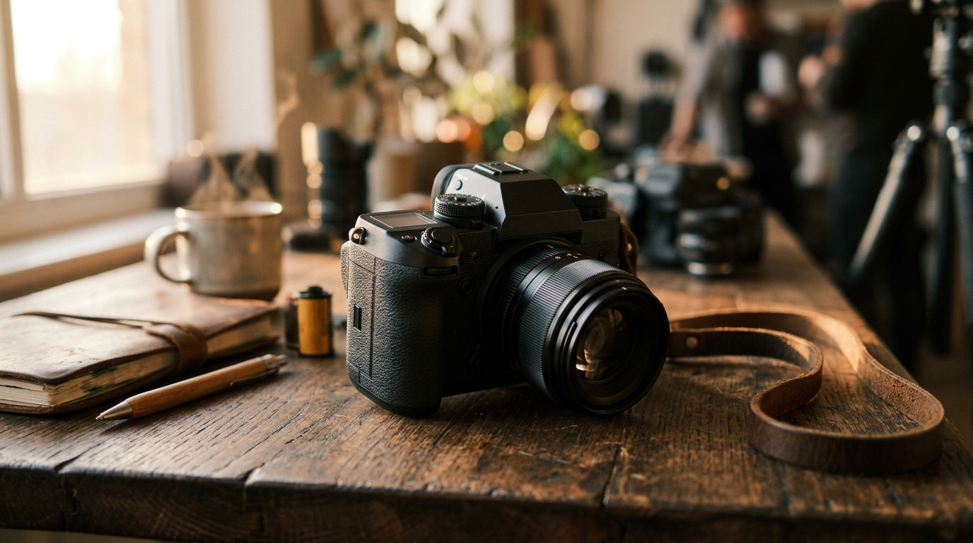 Two flagship mirrorless bodies side by side on a dark walnut studio desk — a Sony A7R VI on the left with a fast prime mounted and the new EVF lit, a Fujifilm GFX 100S II on the right with a GF prime and a film-simulation-inspired warm rim light, moody product photography aesthetic, clean composition, no text or logos emphasized