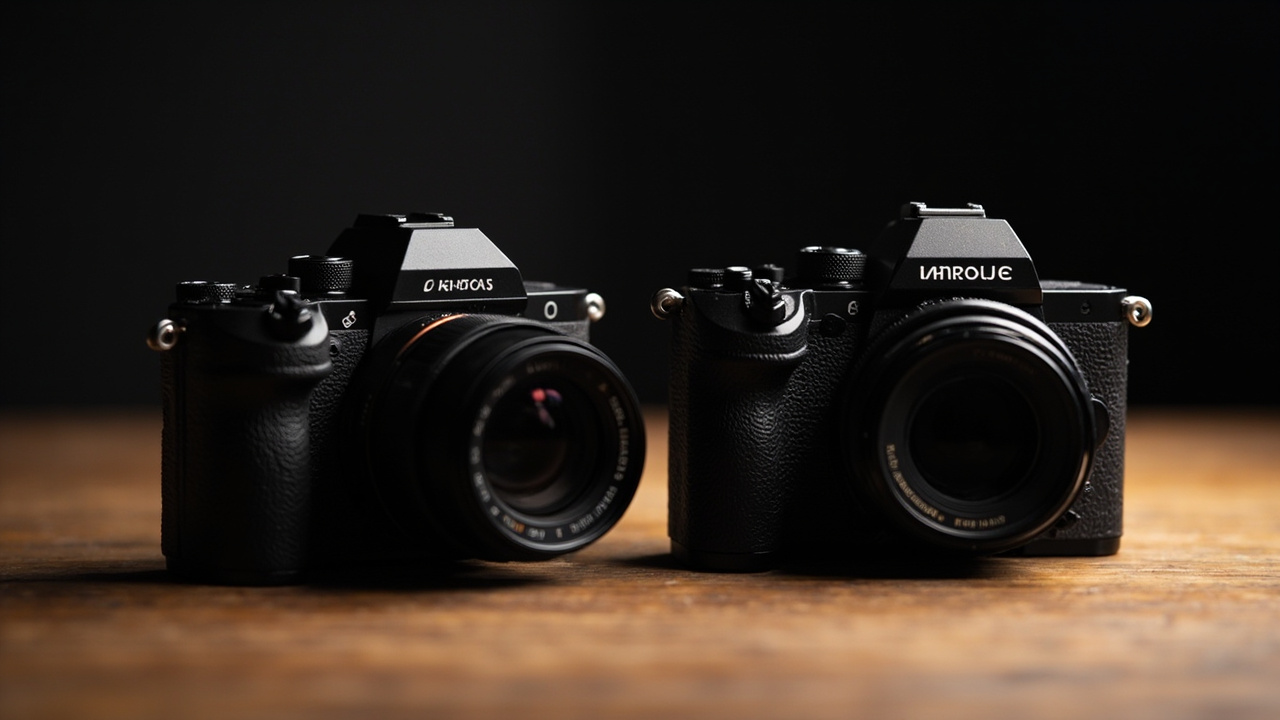Two flagship mirrorless cameras on a clean wooden studio table — the Sony A7R VI on the left with its deep grip, and the Hasselblad X2D II 100C on the right with its rounded Scandinavian body and tilted EVF cup — soft north-facing daylight, side-by-side camera comparison shot, no text, no logos, no brand names visible