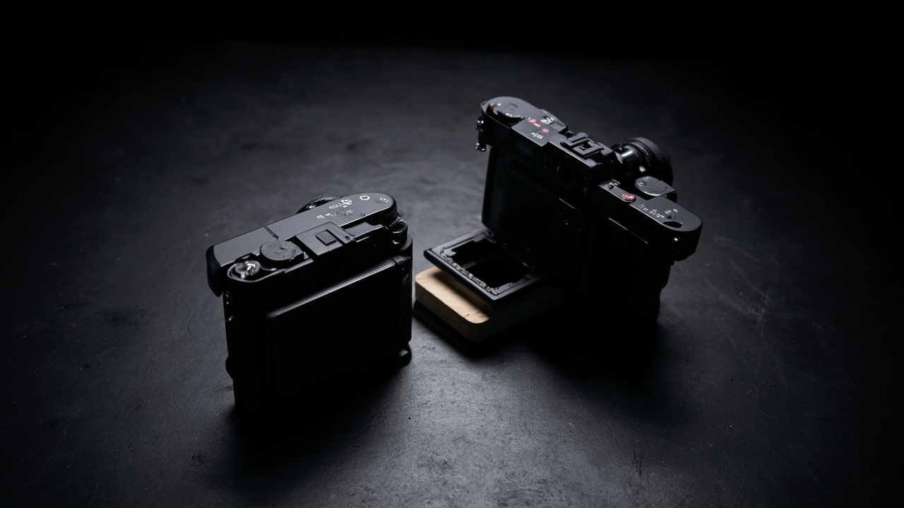 Two flagship bodies face-up on a dark slate surface, one slightly elevated on a small wooden riser, E-mount on the left and Z-mount on the right, prime lenses removed, moody side-lit product photography with a deep shadow falloff on the right edge