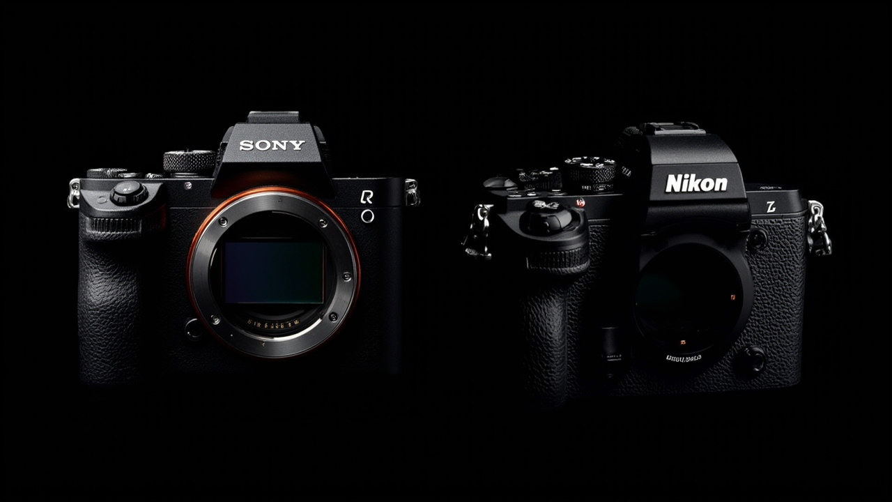 Two flagship full-frame mirrorless bodies — a Sony A7R VI on the left and a Nikon Z8 on the right — sitting on a dark walnut desk, both with their EVFs lit and a fast prime lens mounted, warm rim light from a window on the right, moody product photography aesthetic