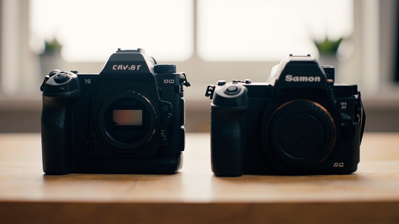 Two full-frame mirrorless bodies, the Sony A7R VI on the left with its tall stacked-sensor body and the Panasonic Lumix S1R II on the right with its hybrid L-mount grip, placed side by side on a wooden studio desk with soft window light and EVFs glowing softly in the background