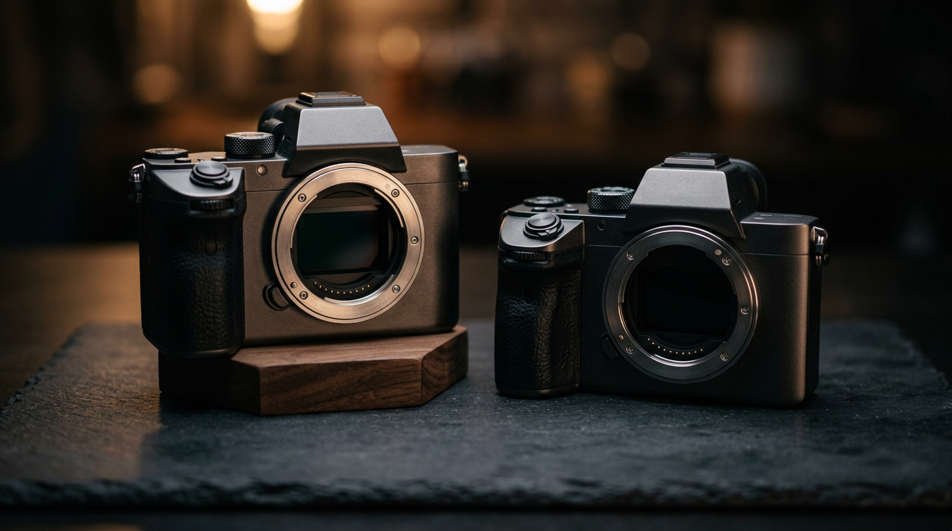 Two Sony bodies face-up next to each other on a dark studio surface with dramatic top lighting, one slightly raised on a small platform, showing the E-mount and sensor cavity, lens removed, moody and premium product photography aesthetic